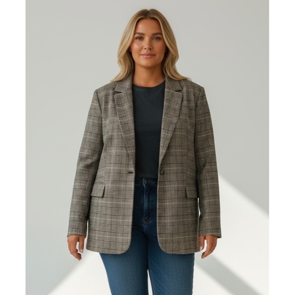 George Glen Check Brown Plaid Plus Size XXL‎ Single Button Blazer Jacket